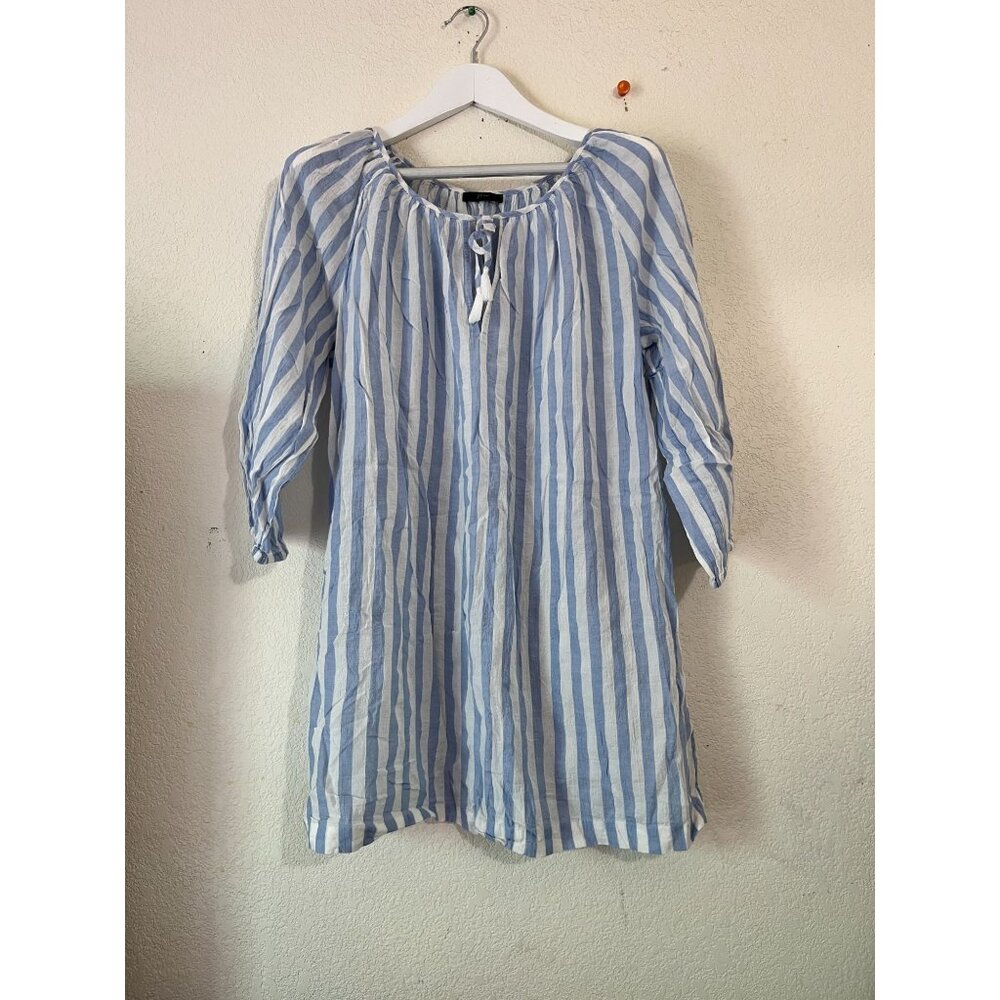 J.Crew Womens Blue & White Striped 3/4 Sleeve Beach Tunic Top Blouse Tassel Neck